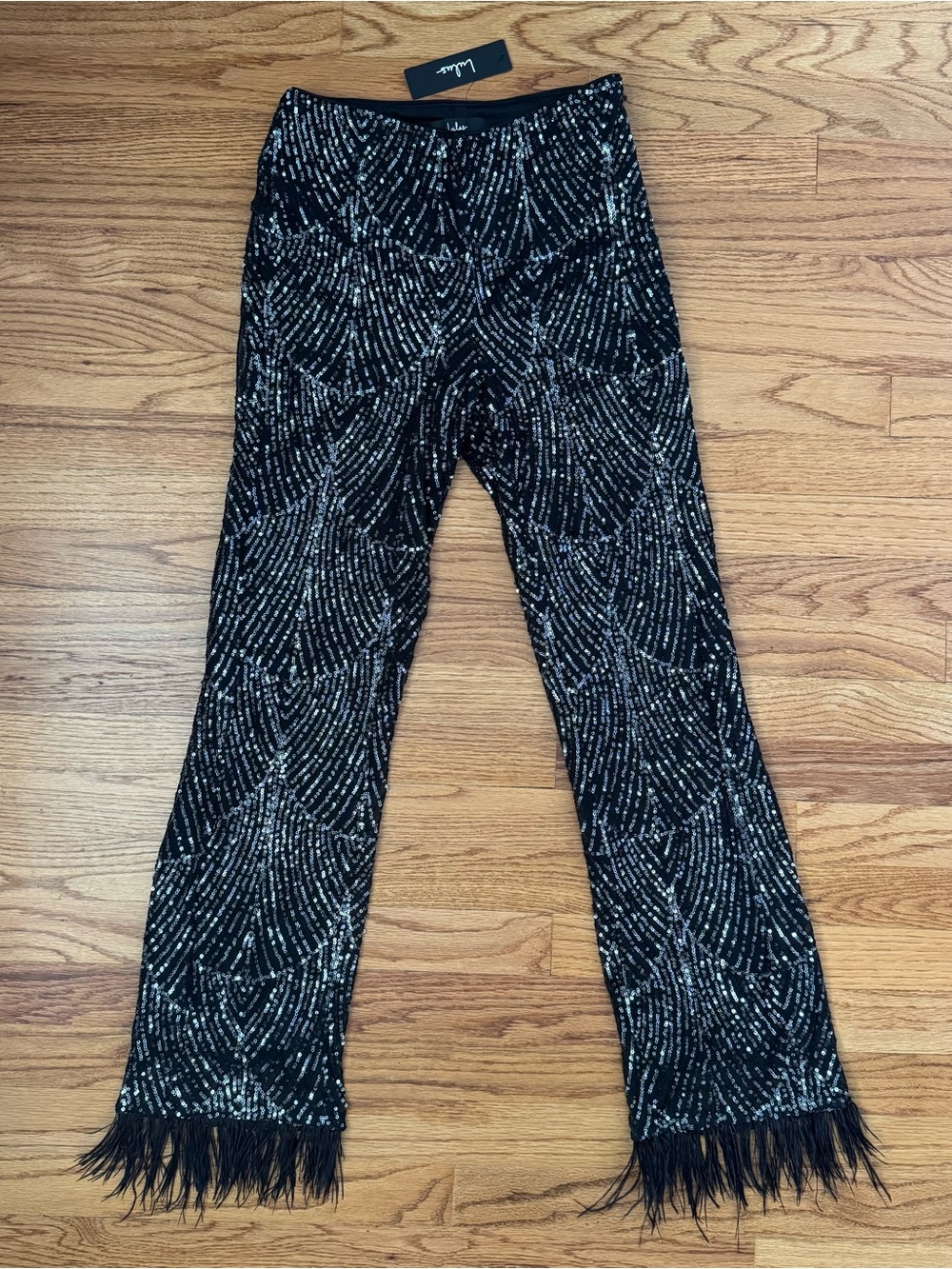 Total Sparkle Black and Silver Sequin Feather Wide-Leg Pants